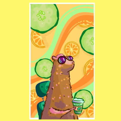capybara drawing with them holding a matcha latte