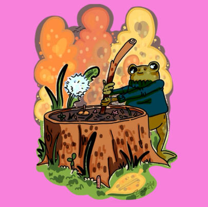 drawing of frog stirring a log of mud soup